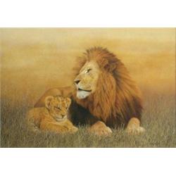 Sally Hynard (b.1959) A Lioness with her Cub, signed lower right "S A Hynard", chromacolour, 32 x 4.