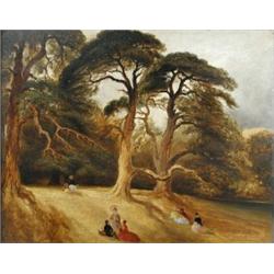 English School (19th Century) Picnickers in a Parkland Landscape, oil on board, 27 x 35cm  £200-300.