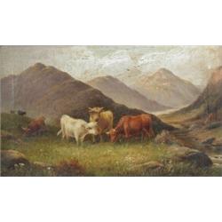 John W Morris (1865-1924) Sheep Resting by a Highland Burn; and Highland Cattle Grazing, each signe.