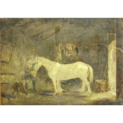 Circle of Edward Robert Smythe (1810-1899) A Grey Horse with his Groom in a Stable, oil on panel, 4.