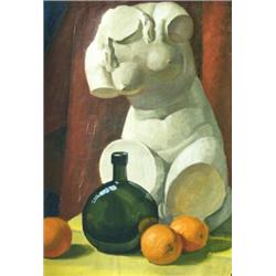 Marjorie Derricourt (exh.1931-1934) Still Life with a Statue of Venus de Milo, a Green Glass Bottle.