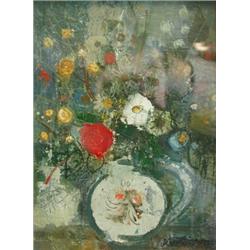 George Hammond Steel (1900-1960) A Still Life of Cream and Red Roses in a Blue Jug, signed lower ri.