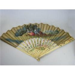 An early 19th century fan, the paper leaf with a watercolour of shepherd and his lady in a landscap.
