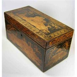 An early 19th century penwork box, the rectangular hinged lid decorated with two oriental figures s.