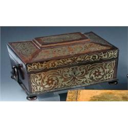 An early 19th century brass inlaid rosewood work box, brass cutwork foliage inlaid to the lid and f.