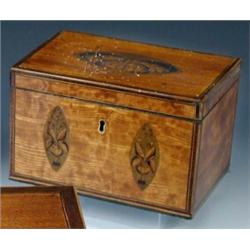 A George III satinwood tea caddy, the rectangular lid inlaid with central butterfly within box and e