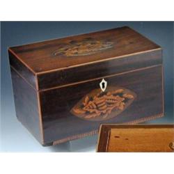 A George III mahogany tea caddy, the rectangular lid and front inlaid with conch shells within hare.