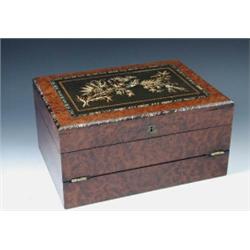 A late 19th century marquetried burr yew wood writing slope, the rectangular lid inlaid with mother.