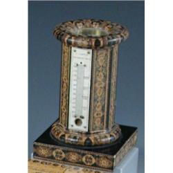 A mid Victorian Tunbridge ware compass and thermometer stand, inscribed T Barton Tunbridge Wells  o.
