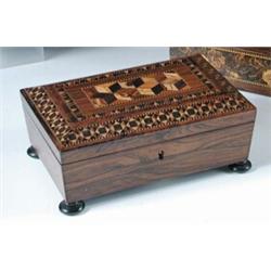 An early Victorian Tunbridge ware work box, the rectangular lid of the sarcophagus shape with cube..