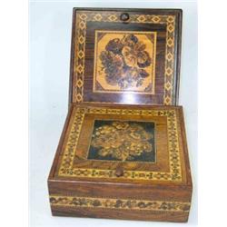 Two Tunbridge ware boxes, each with square lift up lid marquetried with flowers on rosewood, one wi.