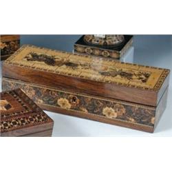 A mid 19th century Tunbridge ware playing card box, the rectangular cribbage board lid marquetried..