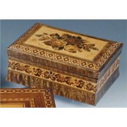 A mid 19th century Tunbridge ware box, the rectangular lid marquetried with flowers on satinwood, t.