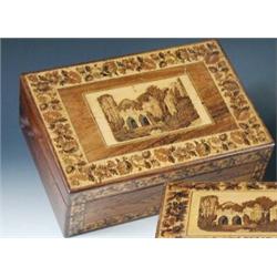 A mid 19th century Tunbridge ware writing slope, the rectangular lid inlaid with ruined abbey scene.
