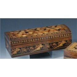A mid 19th century Tunbridge ware glove box, the round arched rectangular lid cube parquetried, the.