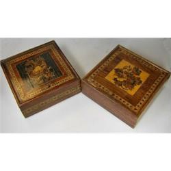 Two mid 19th century Tunbridge ware boxes, each of the square lift up lids inlaid with flowers, one.