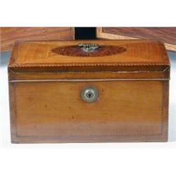 An early 19th century satinwood tea caddy, the quarter veneered rectangular top centred by brass ha.