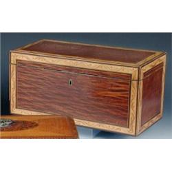 A George III partridge wood tea caddy, the rectangular lid edged with satinwood decorated with a wa.