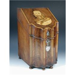 A George III mahogany knife box, later inlaid with a portrait of Garibaldi on the lid and fitted fo.