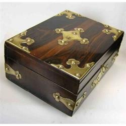 A mid 19th century brass mounted box, the rectangular hinged lid pinned with central cross and tref.