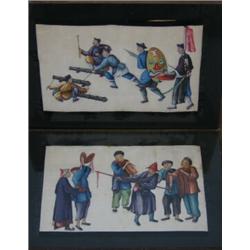 A pair of 19th century Chinese rice paper paintings, one with a figure dancing to a band, the other.