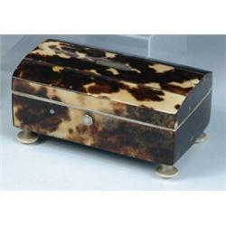 A 19th century tortoiseshell needle casket, the three horizontal veneers on the rectangular lid sep.