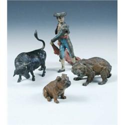 An early 20th century Bergmann cold painted bronze matador wearing his elaborate costume and traili.