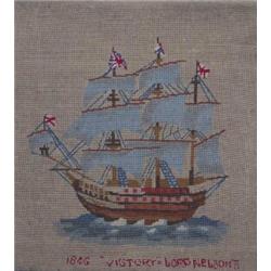 A Berlin wool work picture, dated 1846, depicting a warship in full sail and titled 'Victory Lord Ne
