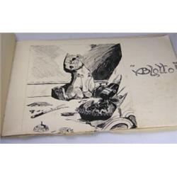 Daphne M Baldwin, her book of cartoon sketches, mainly in Indian ink and of characters from World W.