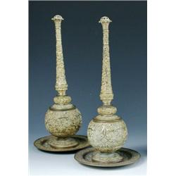 A pair of 19th century gilt brass incense burners and stands, the former of rose water sprinkler sh.