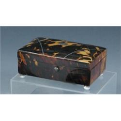 A Victorian tortoiseshell needle casket, the slightly domed rectangular hinged lid diced with triang