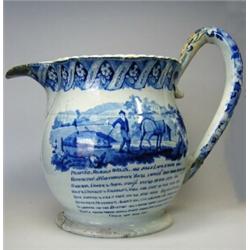 An early 19th century blue and white canal commemorative jug, possibly by John Martin of Shelton  a.