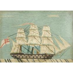 An early Victorian woolwork picture of a ship, the three masts showing near full sail about a centr.