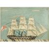Image 1 : An early Victorian woolwork picture of a ship, the three masts showing near full sail about a centr.