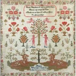 Mary Westoby, her needlework sampler worked in the early 19th century with a verse above 'Adam' and.