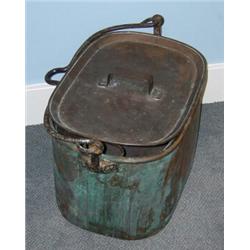 An early 19th century copper galley pot and cover, the rounded rectangular sectioned sides overswun.