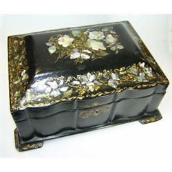 A mid 19th century papier mache inlaid with mother of pearl work box, the rectangular lid gilt and i