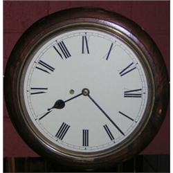 A mahogany framed fusée movement wall clock, the white painted dial with Roman numerals, 39cm wide..