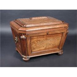 A William IV mahogany wine cooler, the moulded rectangular rising top with canted corners above pan.