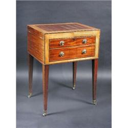 A George III mahogany night table, the burr maple crossbanded rectangular twin flap top enclosing a.