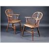 Image 1 : A near pair of 19th century yew wood and elm Windsor chairs, each with bowed top rail above a spind.