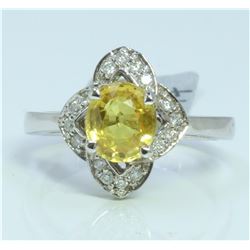 14K WHITE GOLD RING 4 GRAM  DIAMOND 0.18CT YELLOW SAPPHIRE 1.76CT