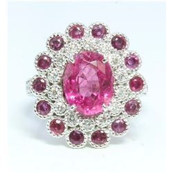 14K WHITE GOLD RING 8.1GRAM DIAMOND 0.59CT RUBY 1.14CT ROUND PINK TOURMALINE 3.10CT