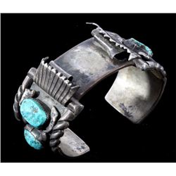 Navajo Old Pawn Silver & Turquoise Bracelet Signed