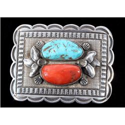 Navajo Turquoise & Coral Sterling Silver Buckle