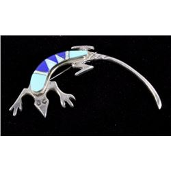 Zuni Turquoise Opal & Lapis Sterling Gecko Pin