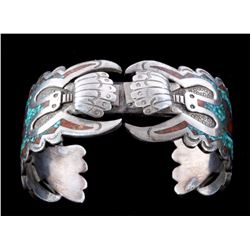 Navajo Sterling Turquoise & Coral Chip Inlay Cuff