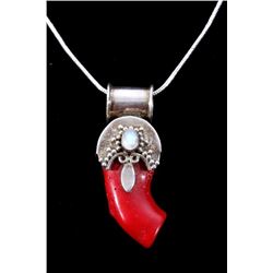 Navajo Coral Branch & Moonstone Sterling Necklace
