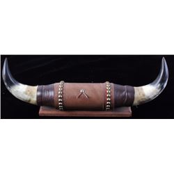 Mounted Bull Horns On Wooden Base