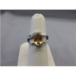 Oval Citrine Dinner Ring set with 2 Diamonds